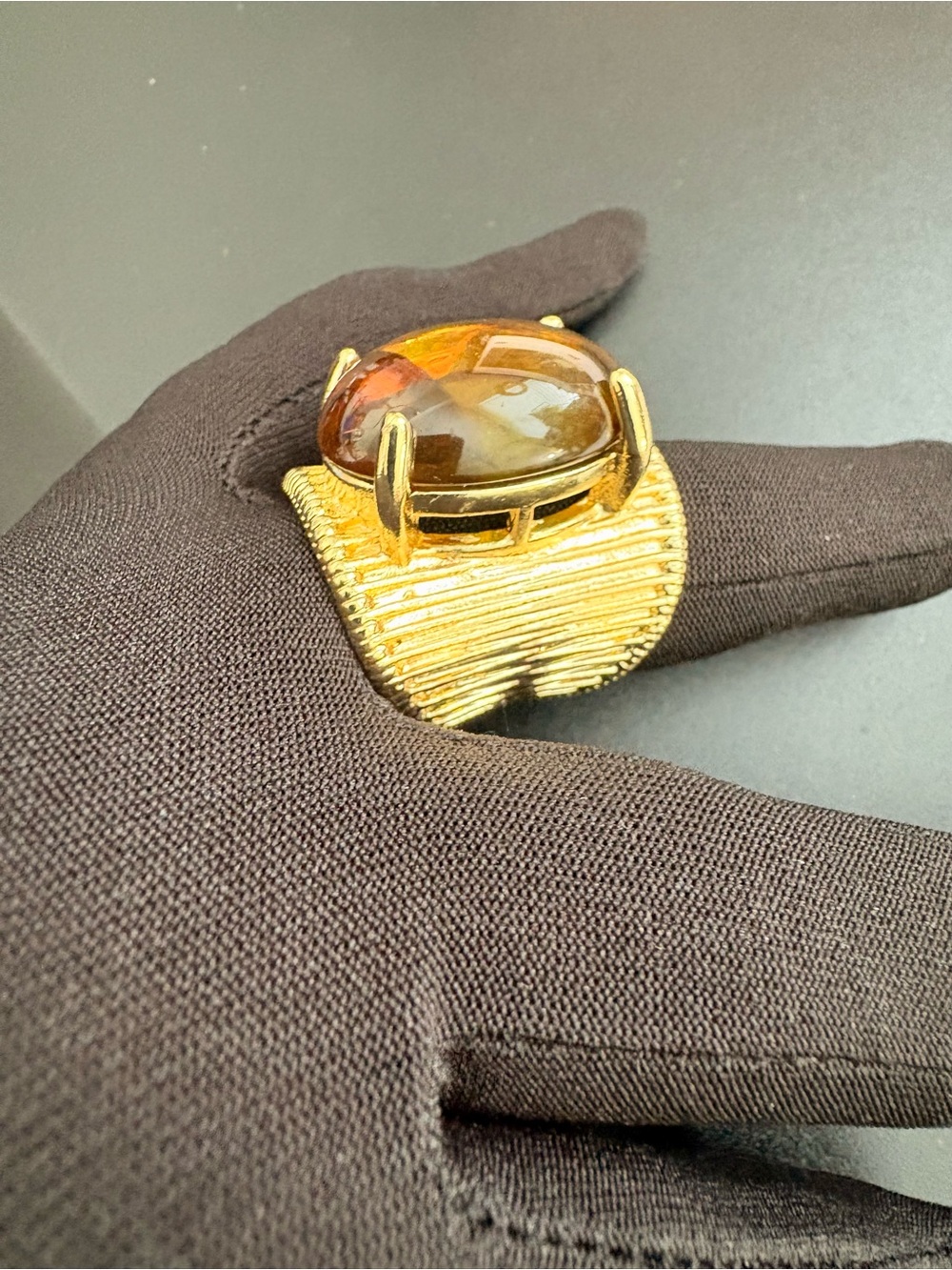 Gold Statement Ring with Amber Cabochon-adjustable
